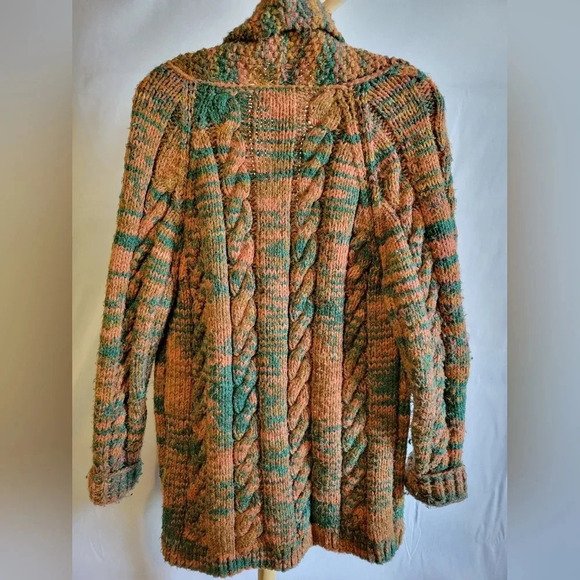 Vintage Handmade Sweater Cable Cardigan Orange  Green Brown Zipper - Picture 6 of 7